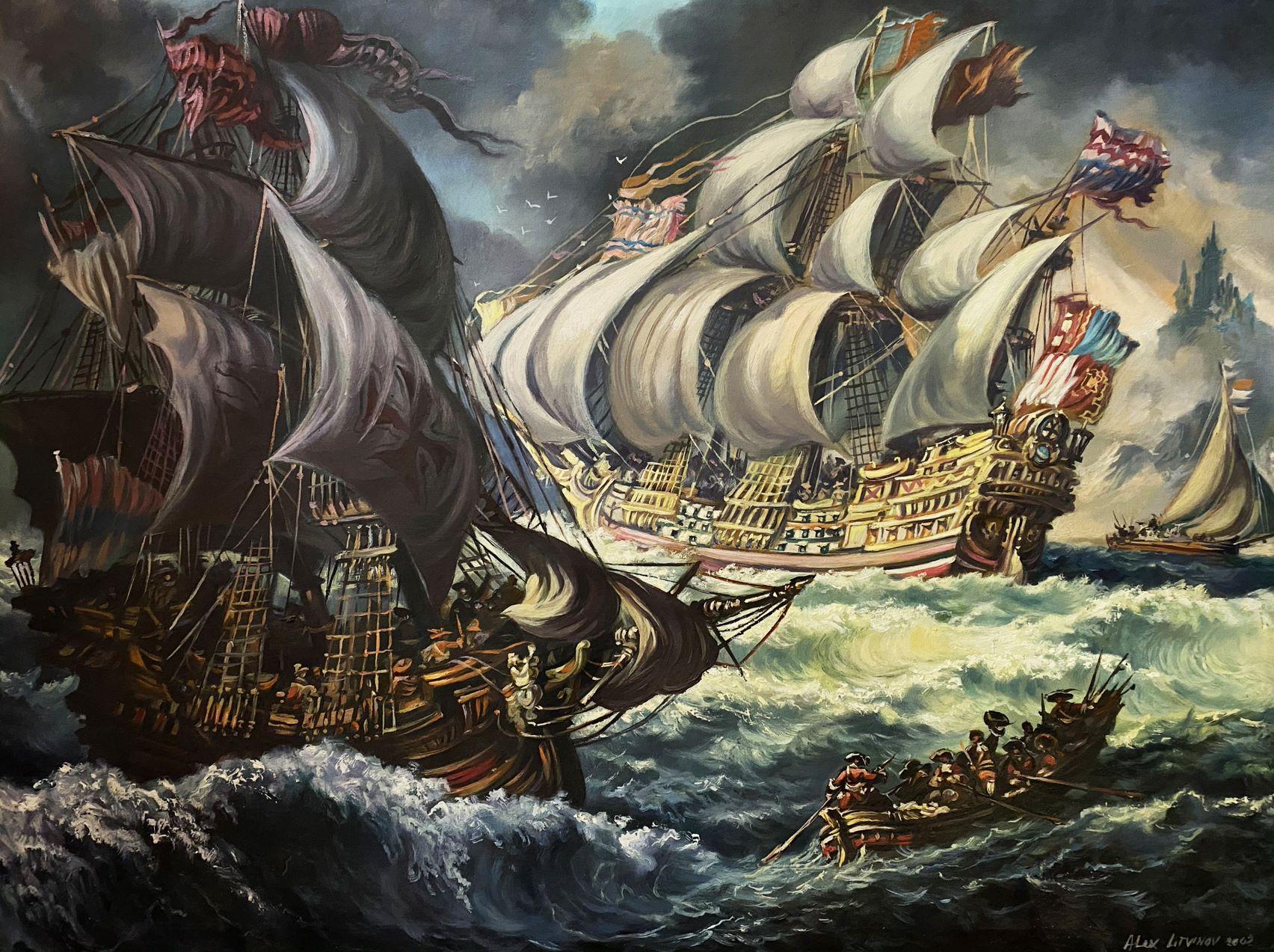 Alexander Litvinov Figurative Painting - 17th Century Ships, Nautical, Original oil Painting, Ready to Hang