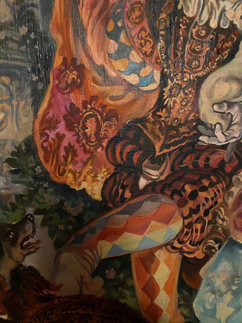 Masquerade des 18. Jahrhunderts, figurativ, Original-Ölgemälde, hängefertig (Braun), Figurative Painting, von Alexander Litvinov
