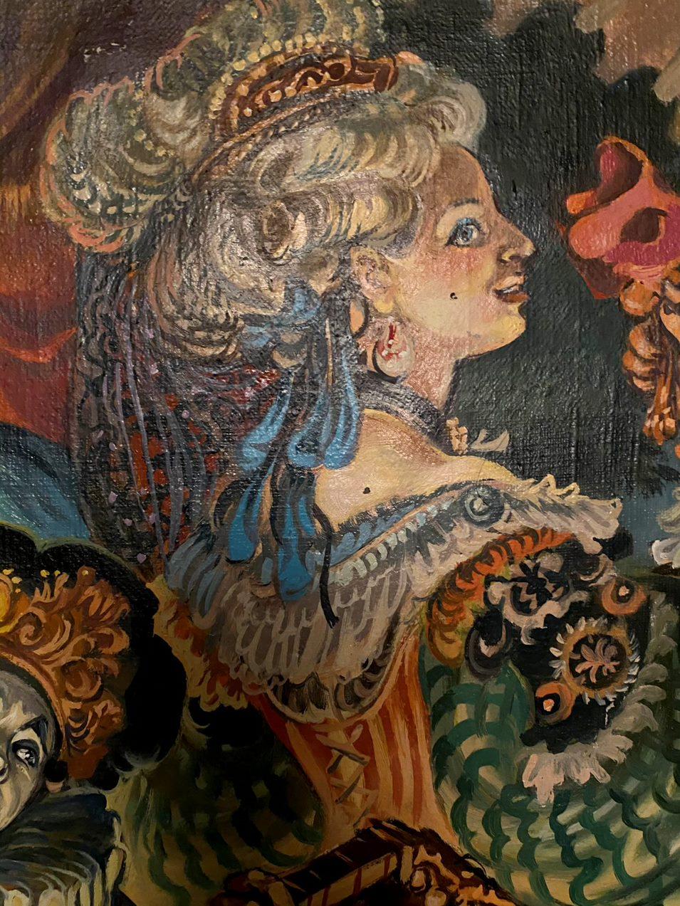 Artist: Alexander Litvinov
Work: Original oil painting, handmade artwork, one of a kind 
Medium: Oil on Canvas
Style: Classic Figurative
Year: 2005
Title: 18th century masquerade
Size: 32.5