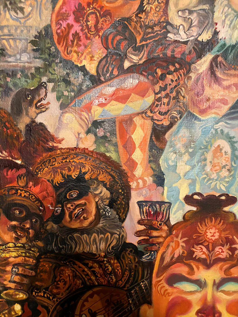 Masquerade des 18. Jahrhunderts, figurativ, Original-Ölgemälde, hängefertig im Angebot 4