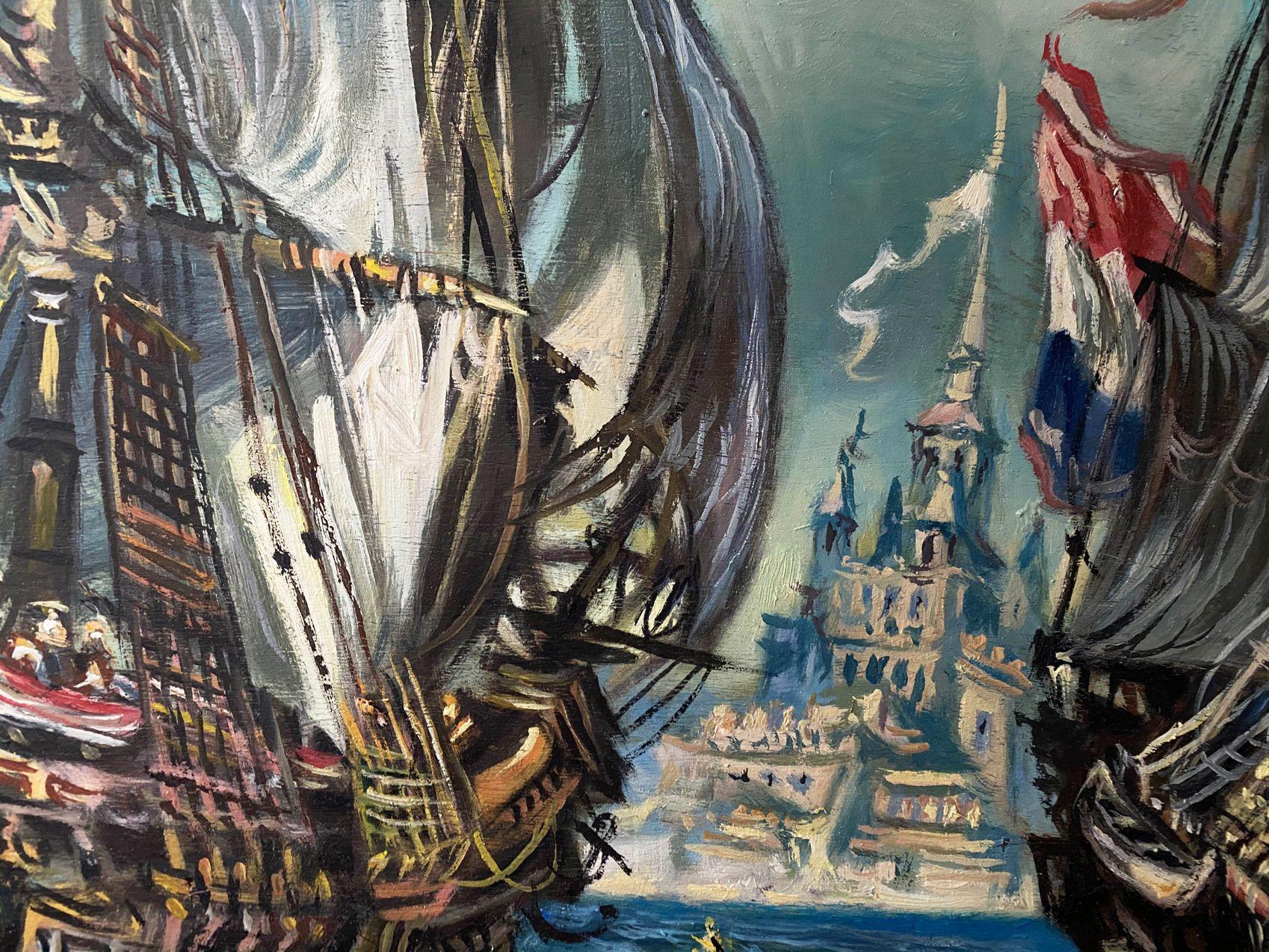 Artist: Alexander Litvinov
Work: Original oil painting, handmade artwork, one of a kind 
Medium: Oil on Cardboard
Style: Classic Figurative
Year: 2000
Title: 18th Century Ships
Size: 20