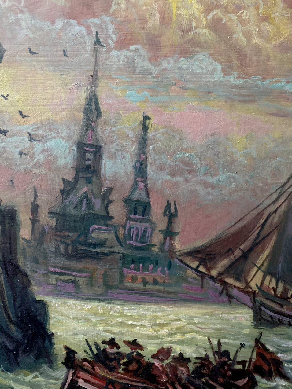 Before the Storm, Harbor, Original oil Painting, Ready to Hang - Black Figurative Painting by Alexander Litvinov