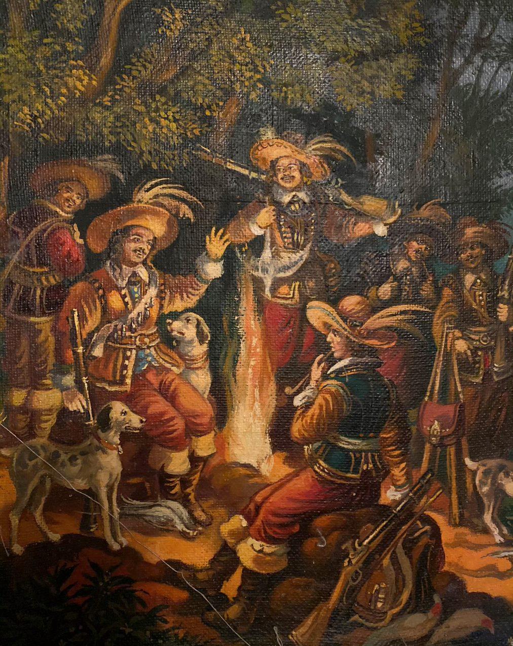Campfire Hunters, Figurative, Original oil Painting, Ready to Hang For Sale 4