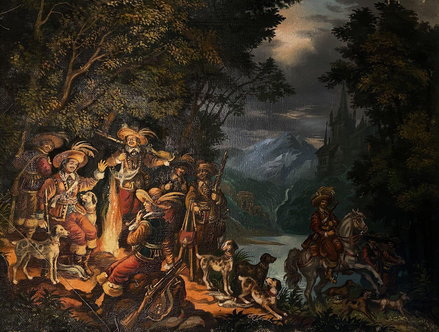 Alexander Litvinov Figurative Painting - Campfire Hunters, Figurative, Original oil Painting, Ready to Hang