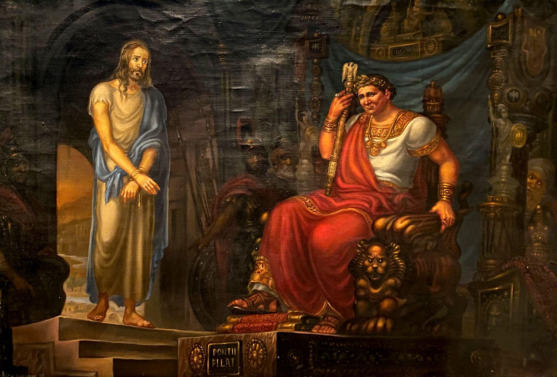 Christ and Pilate, figuratif, peinture à l'huile originale, prête à être accrochée