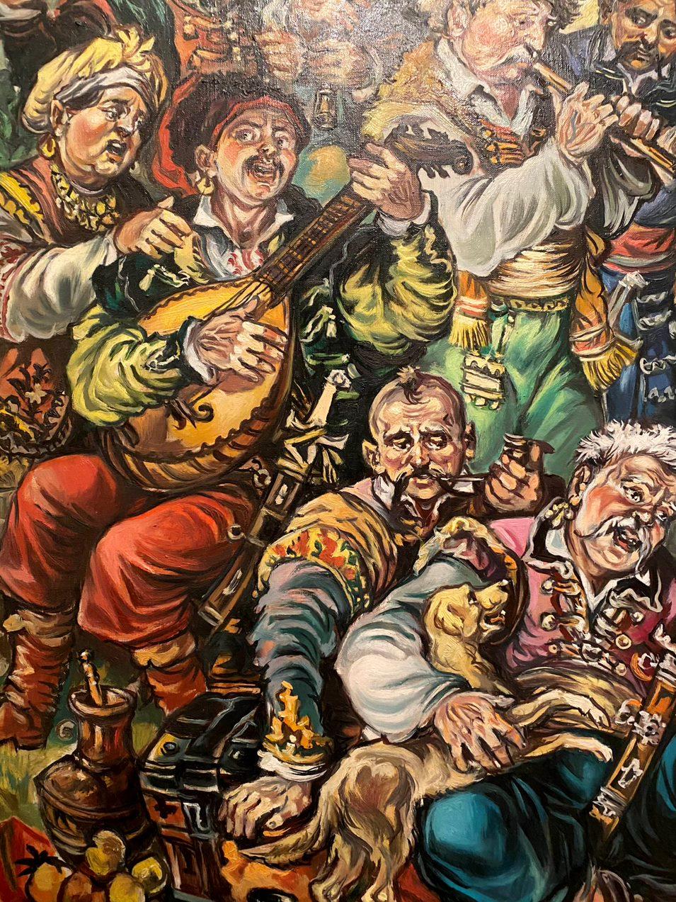 Divertimento cosacco, Figurativo, Arte classica, Pittura ad olio originale, Pronto da appendere in vendita 1