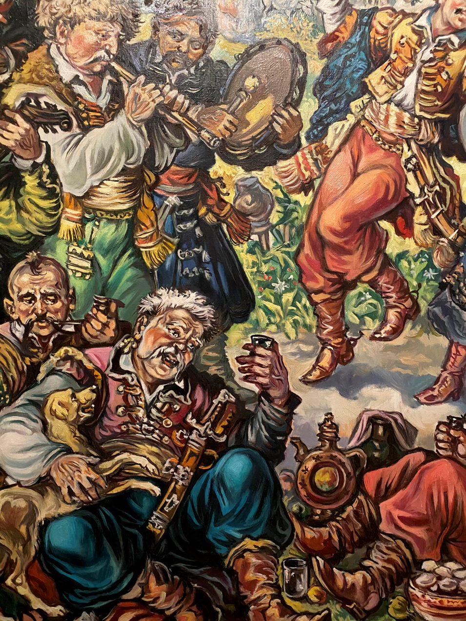 Divertimento cosacco, Figurativo, Arte classica, Pittura ad olio originale, Pronto da appendere in vendita 2