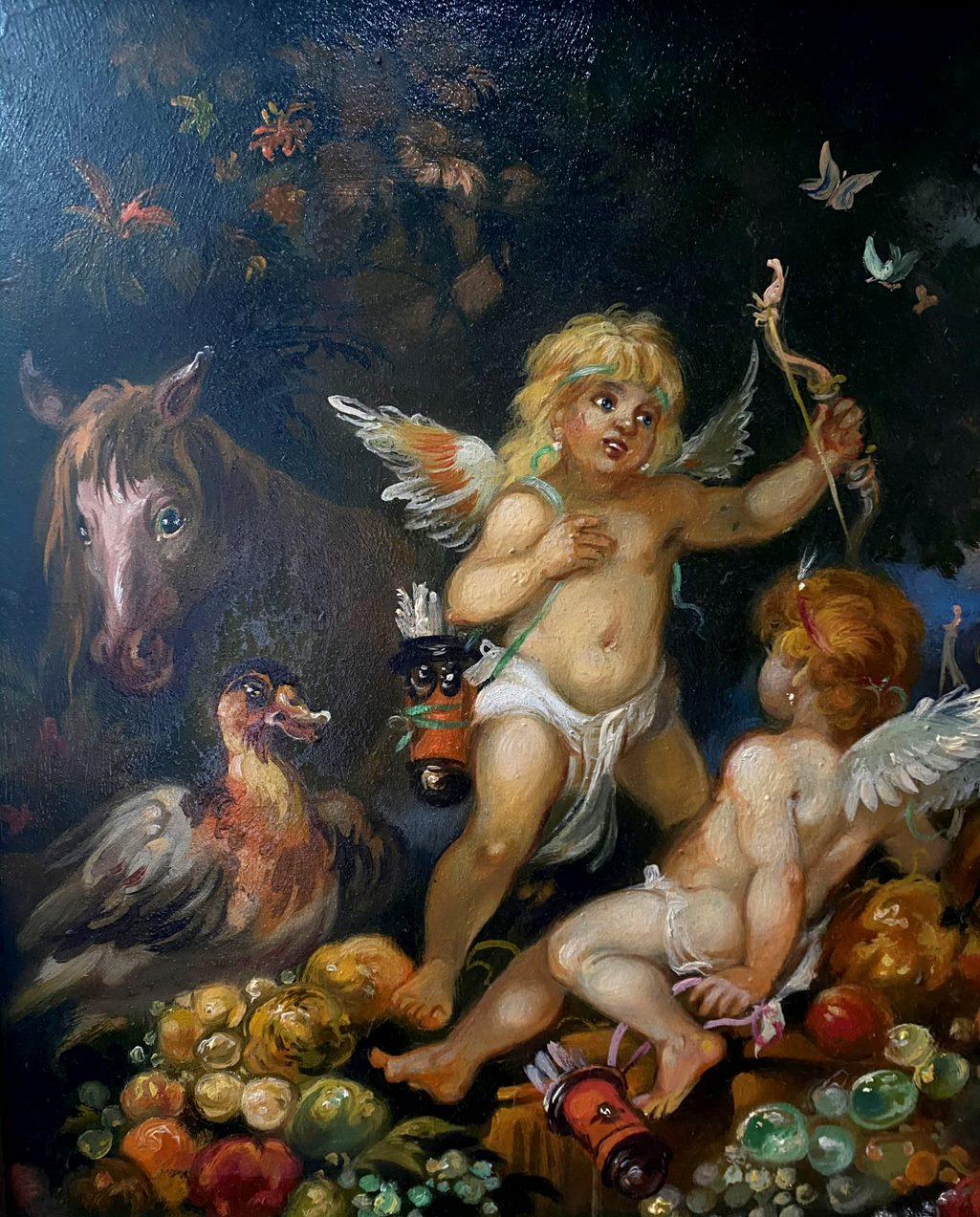 Cupids and Pegasus, Classic Art, Original oil Painting, Ready to Hang For Sale 7