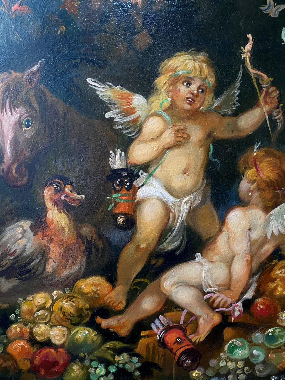 Cupids and Pegasus, Classic Art, Original oil Painting, Ready to Hang For Sale 4