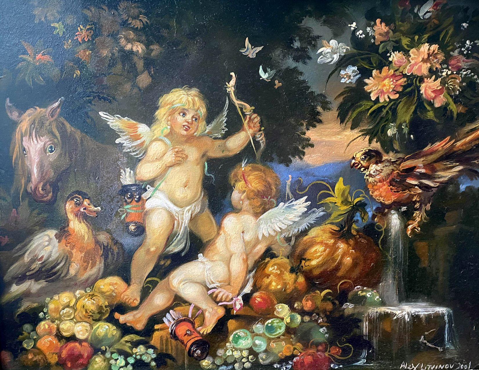 Cupidons et Pegasus, Classic Art, Peinture à l'huile originale, prête à être accrochée