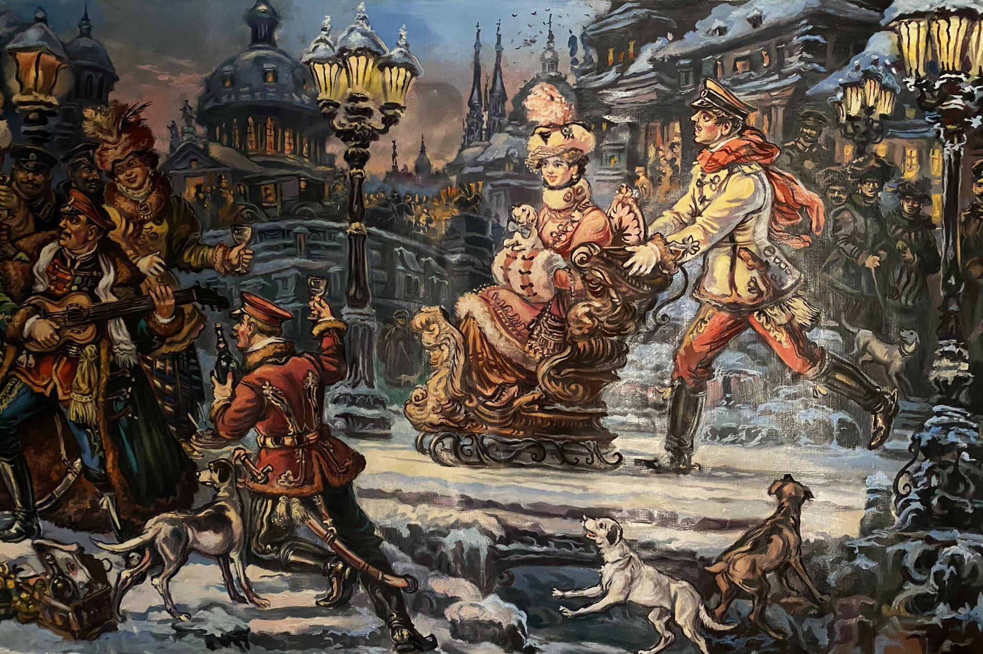 The Evening with the Hussars, Classic Art, Original Ölgemälde, hängereif (Schwarz), Figurative Painting, von Alexander Litvinov