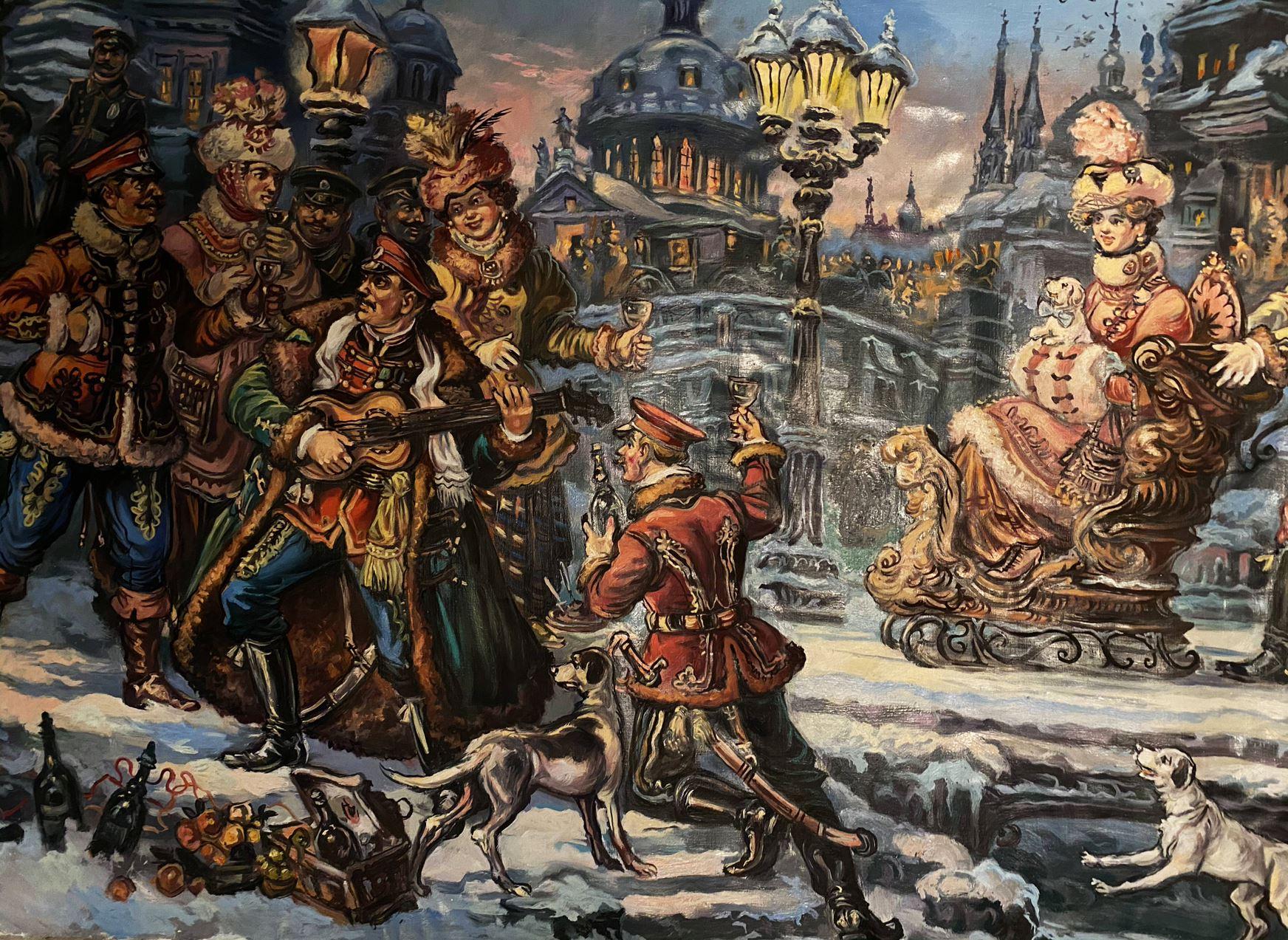 Künstler: Alexander Litwinow
Werk: Original-Ölgemälde, handgefertigtes Kunstwerk, ein Unikat 
Medium: Öl auf Leinwand
Stil: Klassisch figurativ
Jahr: 2010
Titel: Abend mit den Husaren
Größe: 20,5
