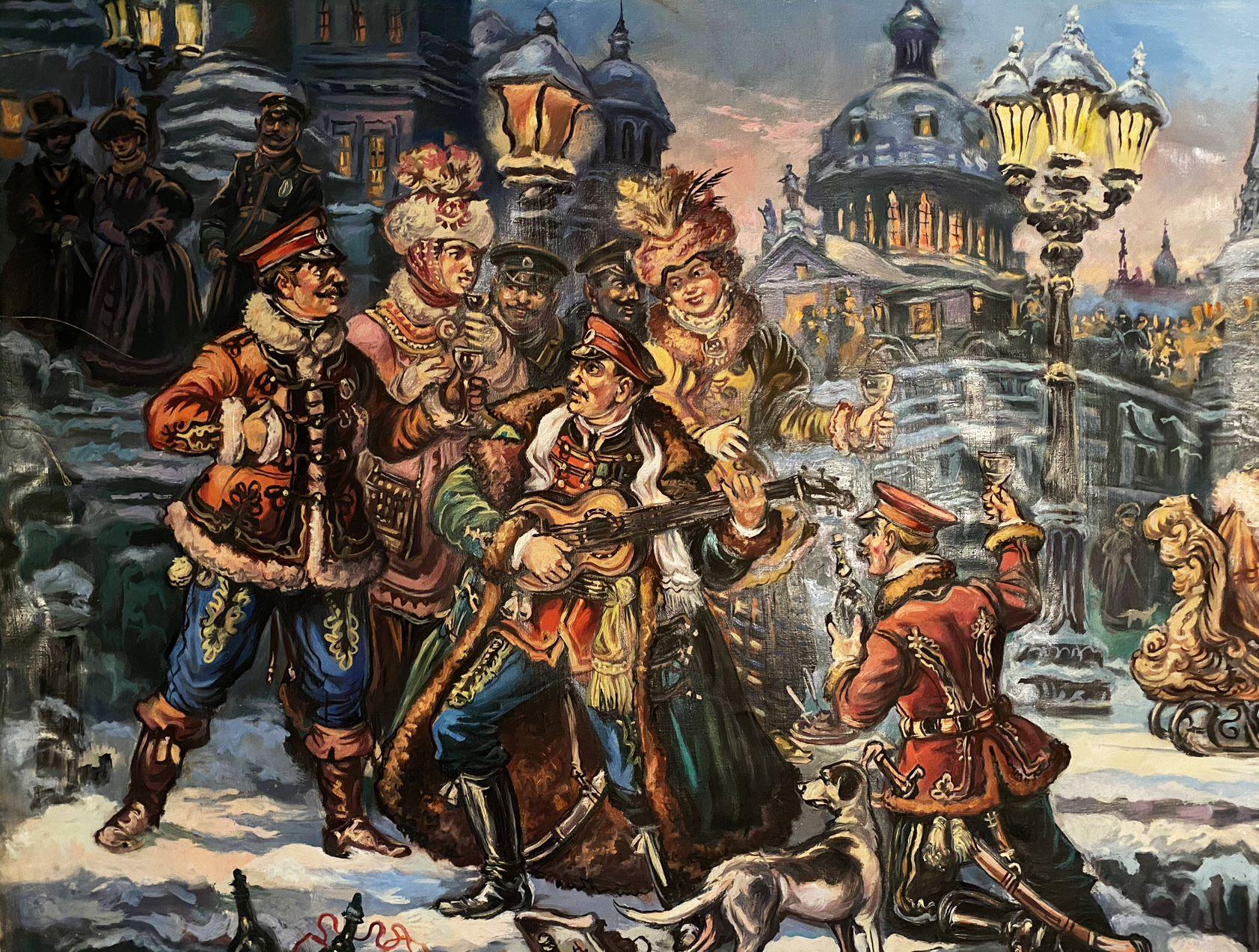 The Evening with the Hussars, Classic Art, Original Ölgemälde, hängereif im Angebot 1