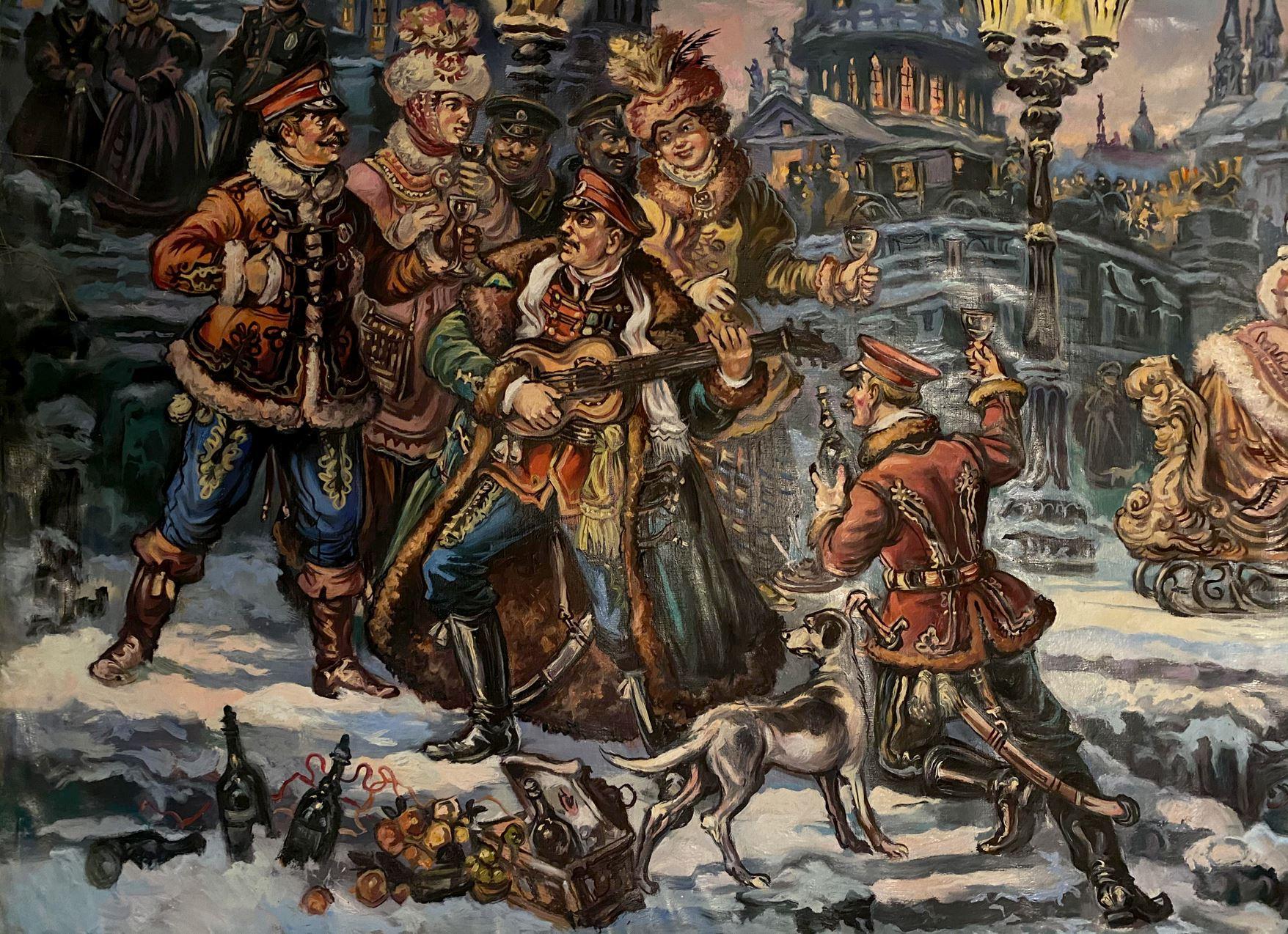 The Evening with the Hussars, Classic Art, Original Ölgemälde, hängereif im Angebot 2