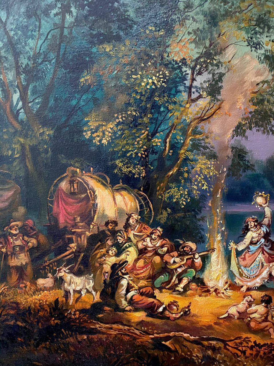 Campo nomadi, Pittura a olio originale, pronta da appendere - Figurative Painting Nero di Alexander Litvinov
