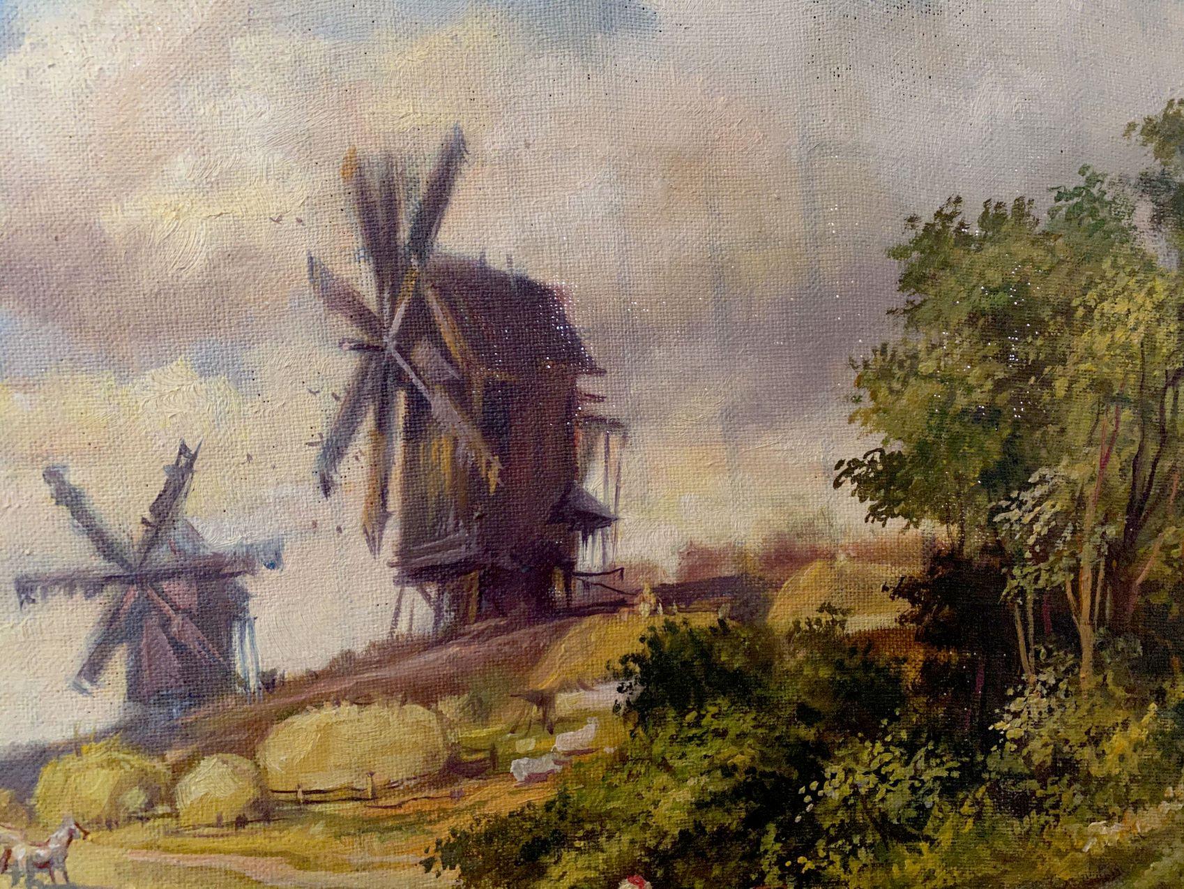 Landscape with mills, Classic Art, Original oil Painting, Ready to Hang For Sale 1