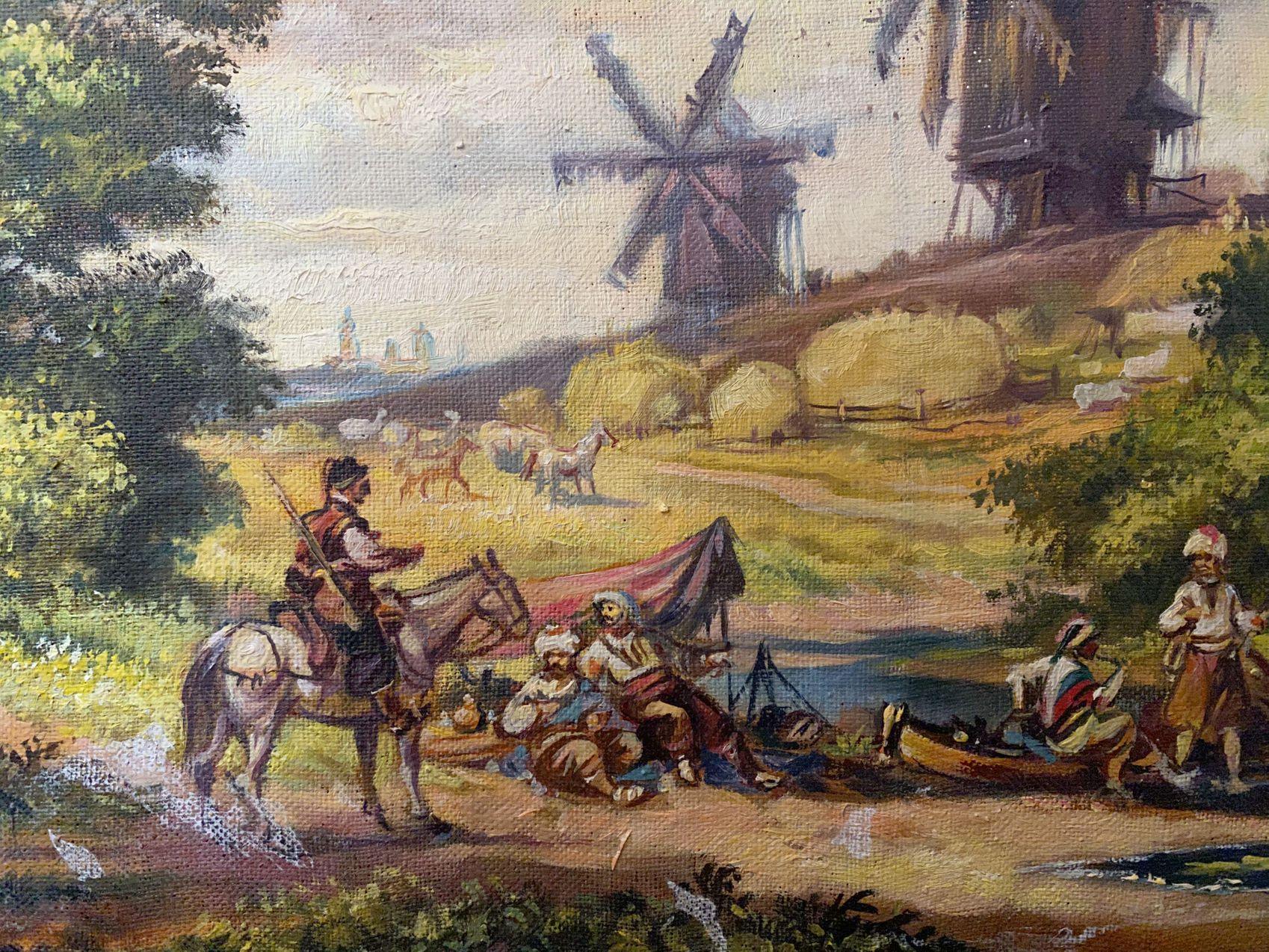 Landscape with mills, Classic Art, Original oil Painting, Ready to Hang For Sale 3