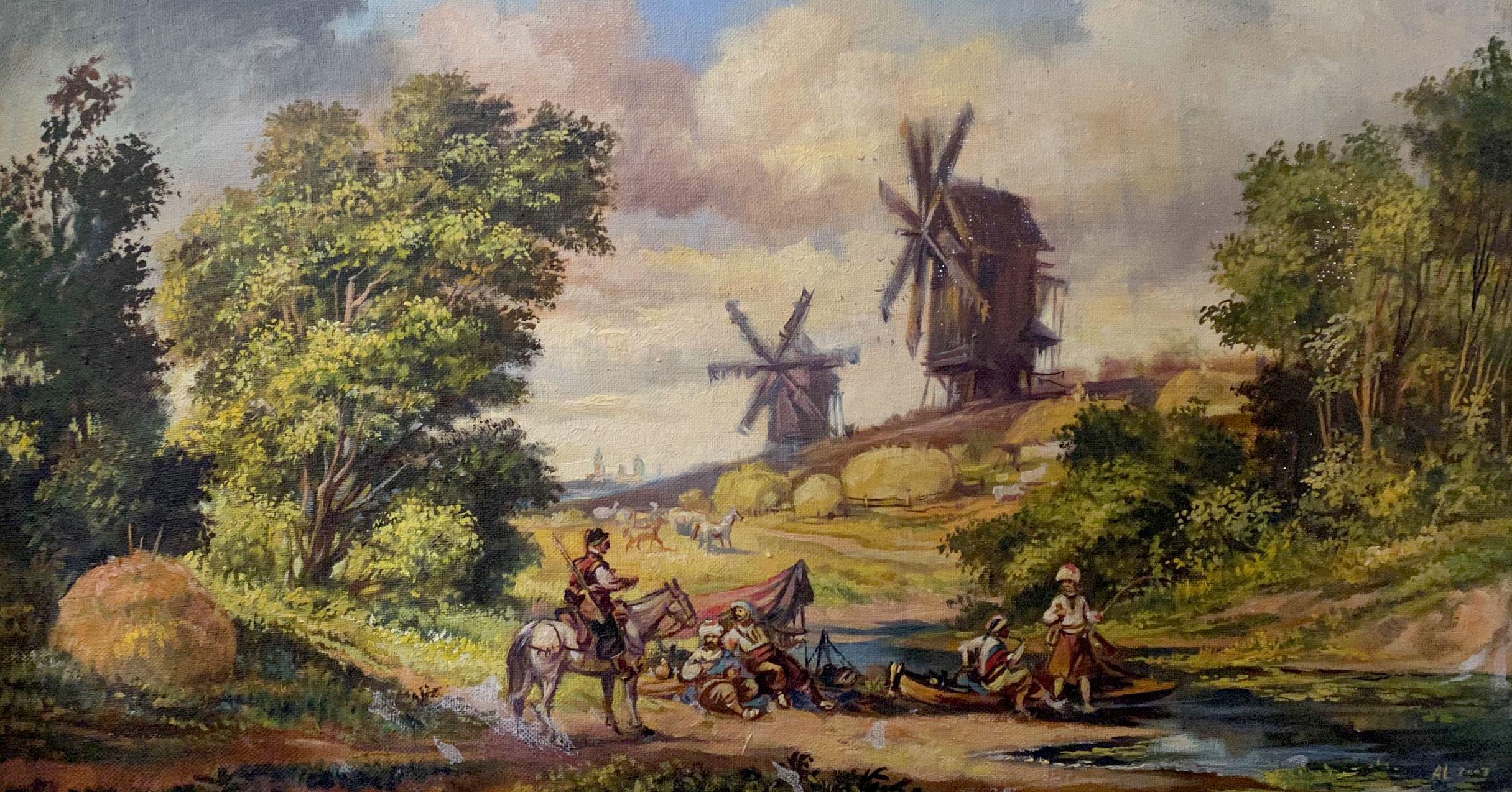 Alexander Litvinov Figurative Painting - Landscape with mills, Classic Art, Original oil Painting, Ready to Hang