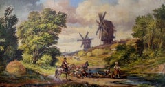 Landscape with mills, Classic Art, Original oil Painting, Ready to Hang