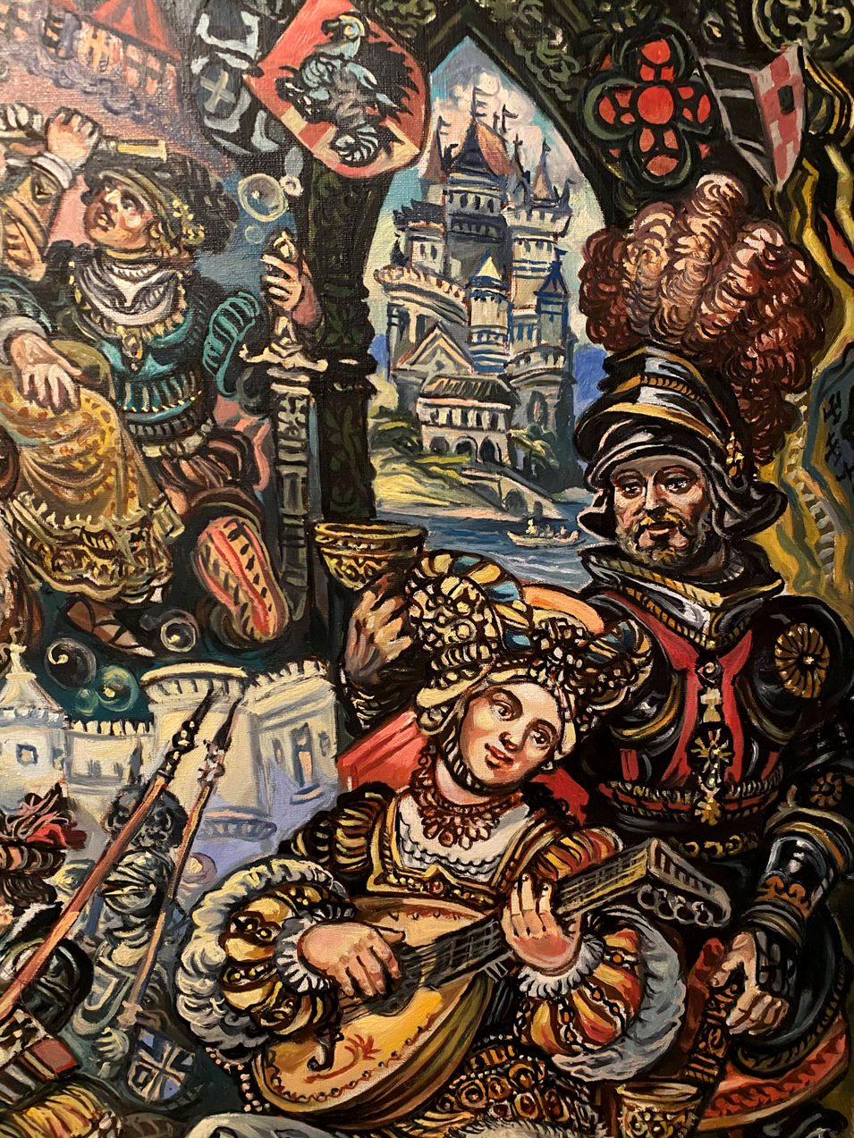 Trama Medieval, Retrato Figurativo Arte Clásico, Pintura al Óleo Original en venta 5