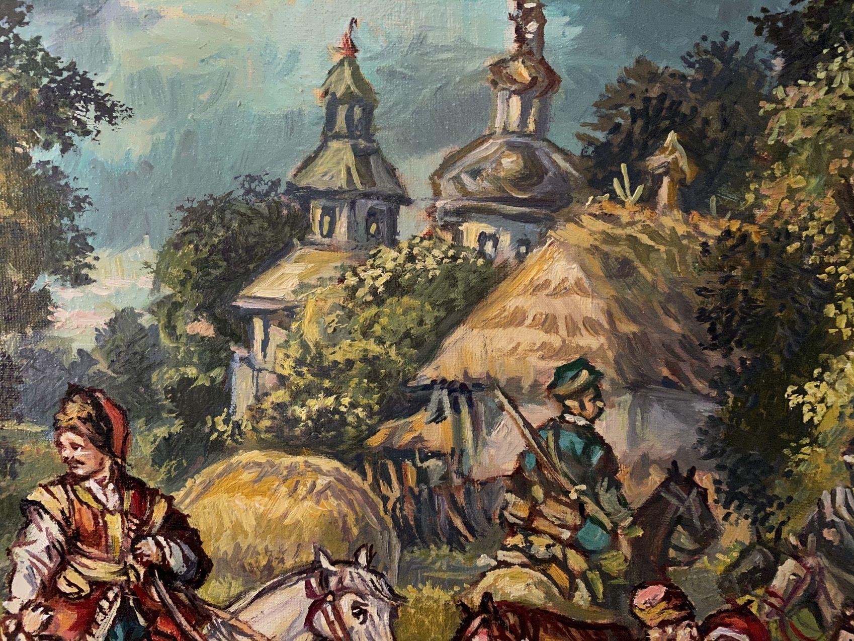 Seeing off the Cossacks, Original oil Painting, Ready to Hang - Black Figurative Painting by Alexander Litvinov