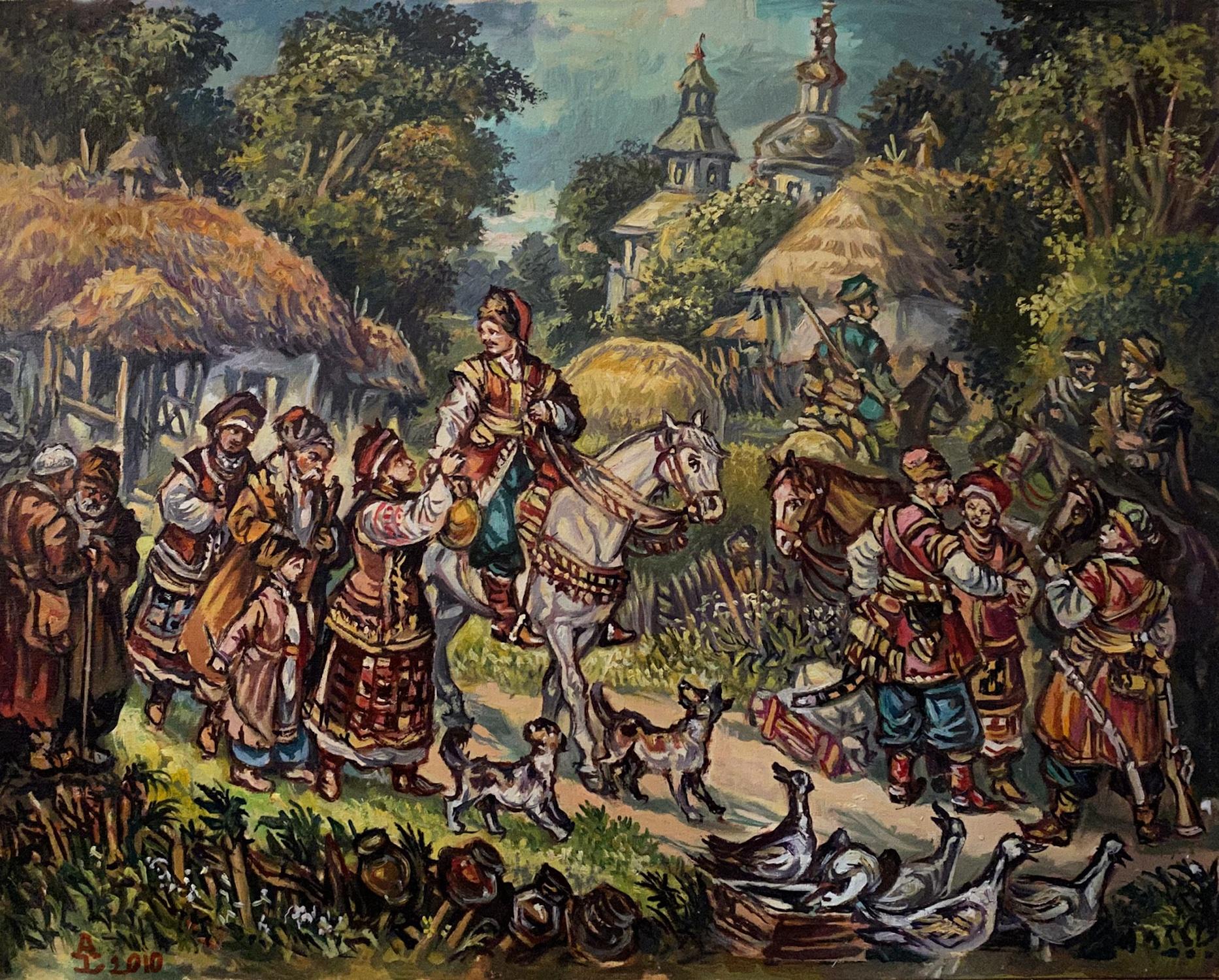 Alexander Litvinov Figurative Painting - Seeing off the Cossacks, Original oil Painting, Ready to Hang