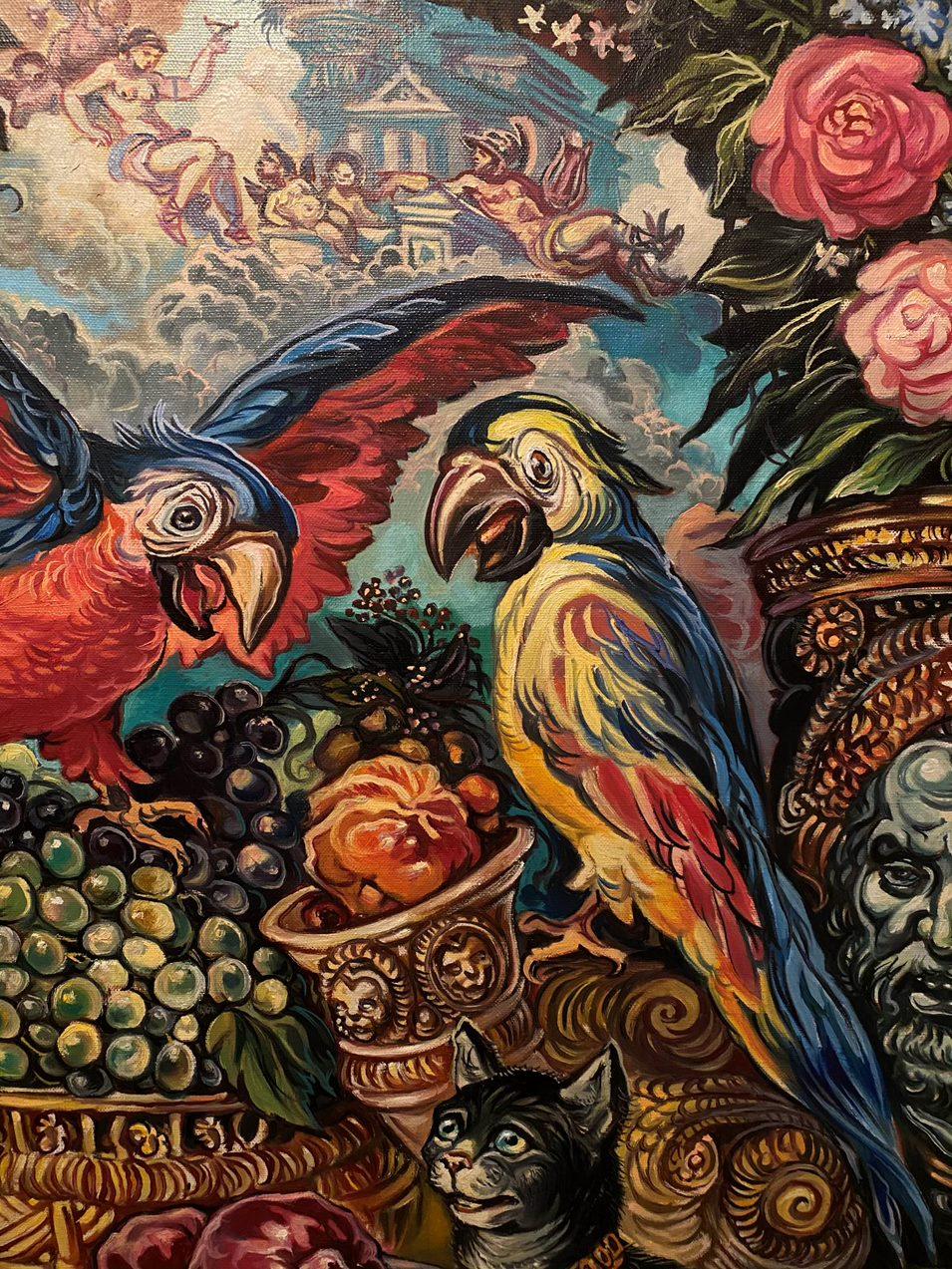 Still life with parrots, Classic Art, Original oil Painting, Ready to Hang For Sale 4