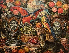 Still life with parrots, Classic Art, Original oil Painting, Ready to Hang