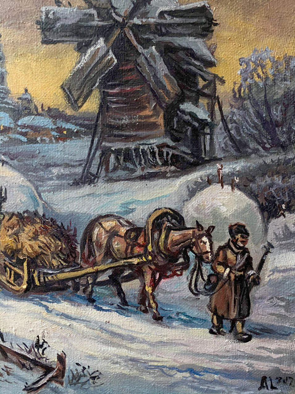 Paesaggio invernale, Arte classica, Pittura ad olio originale, pronta da appendere in vendita 3