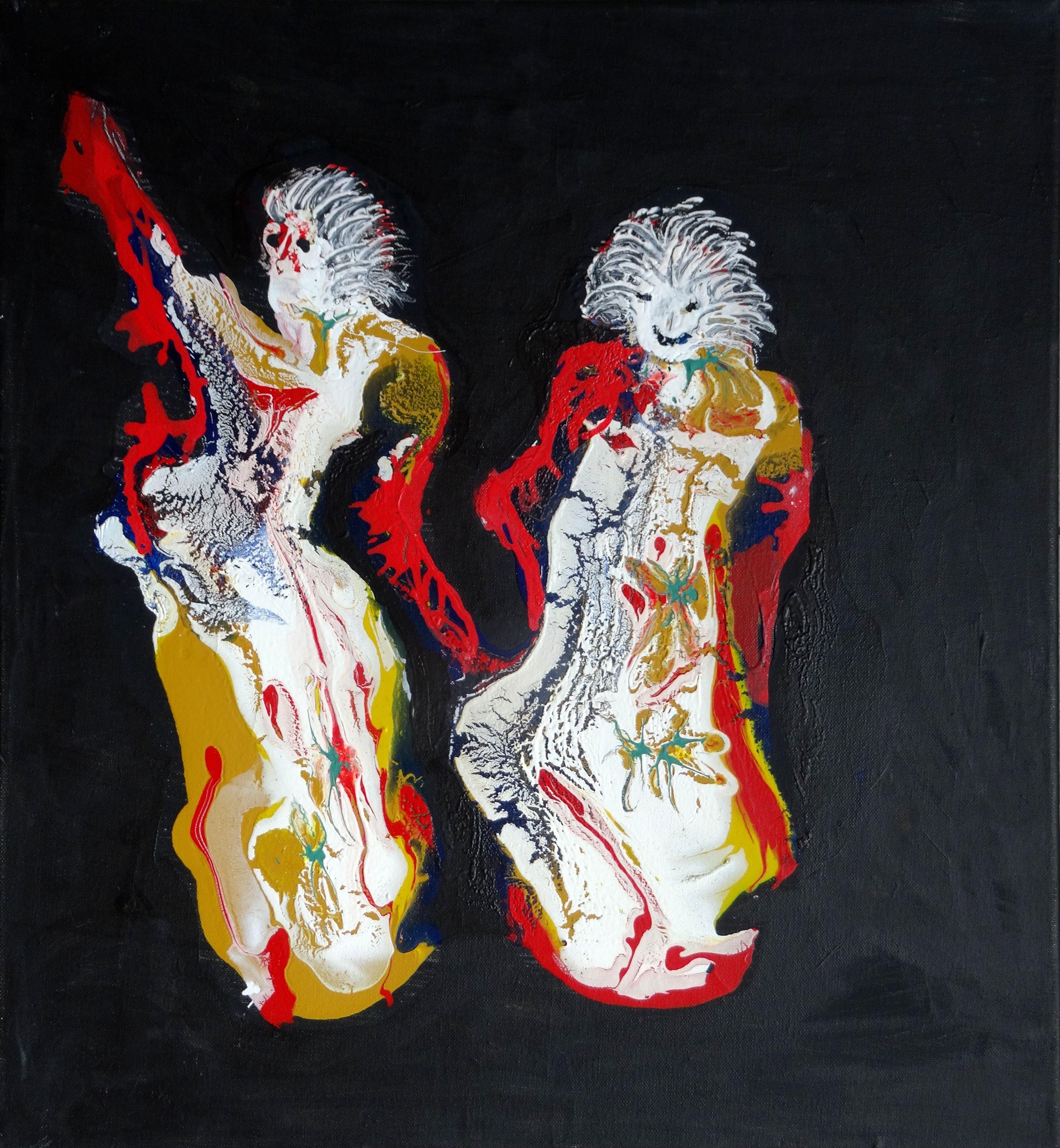 Alexander Lozovoy Figurative Painting - Banzai. Two abstract figures in Chinese style. 2018. Canvas, acrylic, 60x55 cm