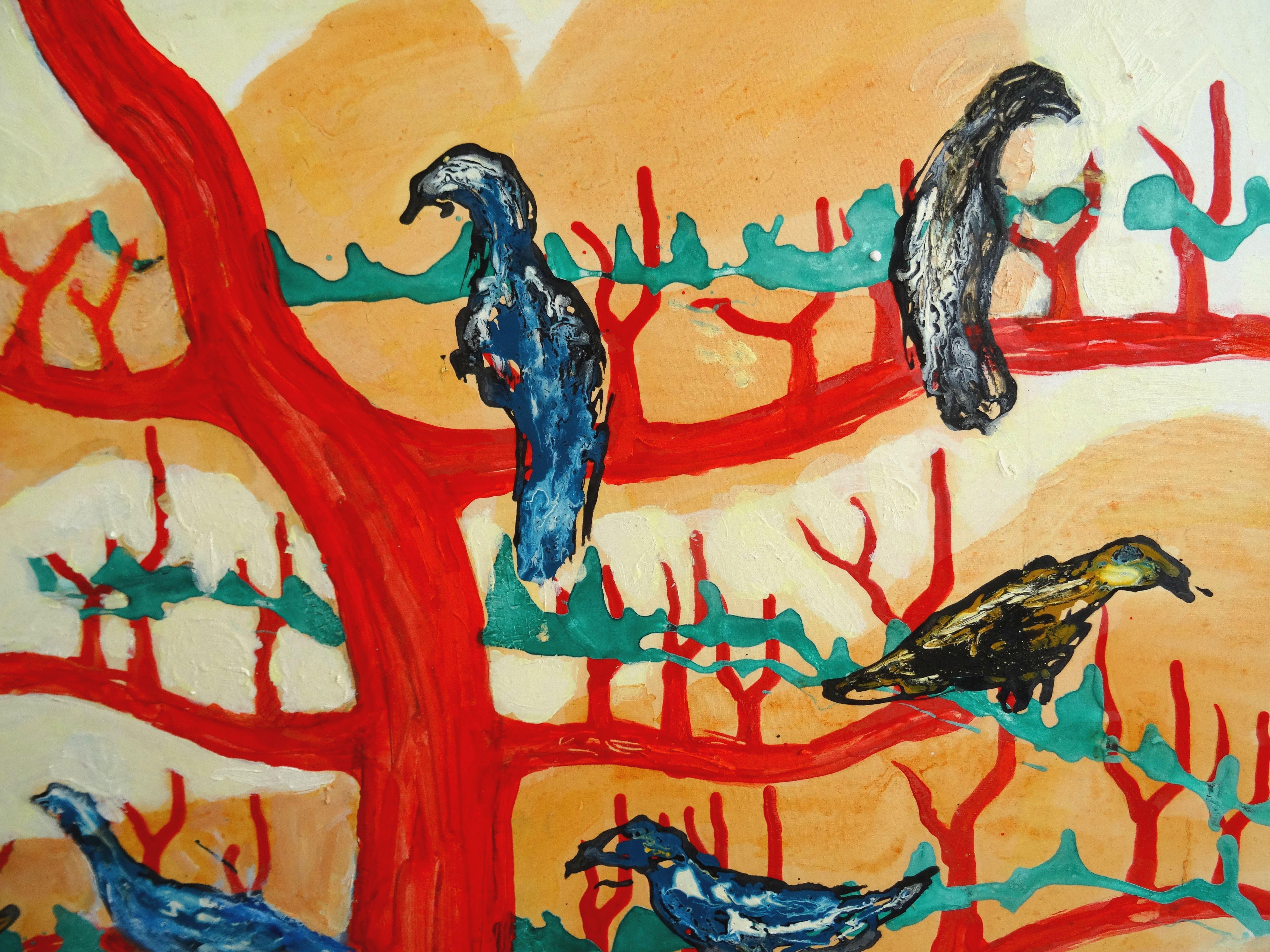 Large and small birds on red tree. 2015. Oil on canvas, 95x85 cm - Painting by Alexander Lozovoy