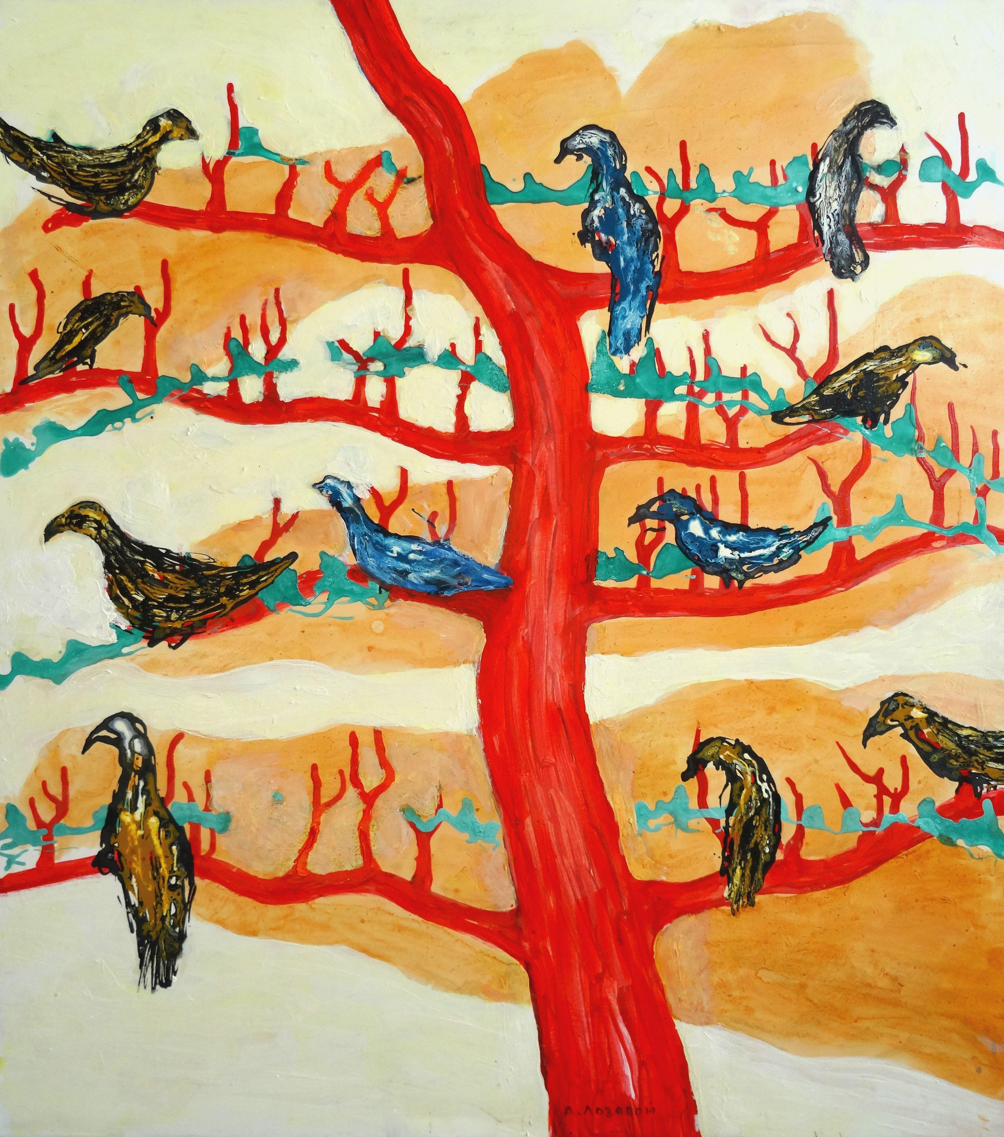 Alexander Lozovoy Animal Painting - Large and small birds on red tree. 2015. Oil on canvas, 95x85 cm