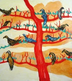 Large and small birds on red tree. 2015. Oil on canvas, 95x85 cm