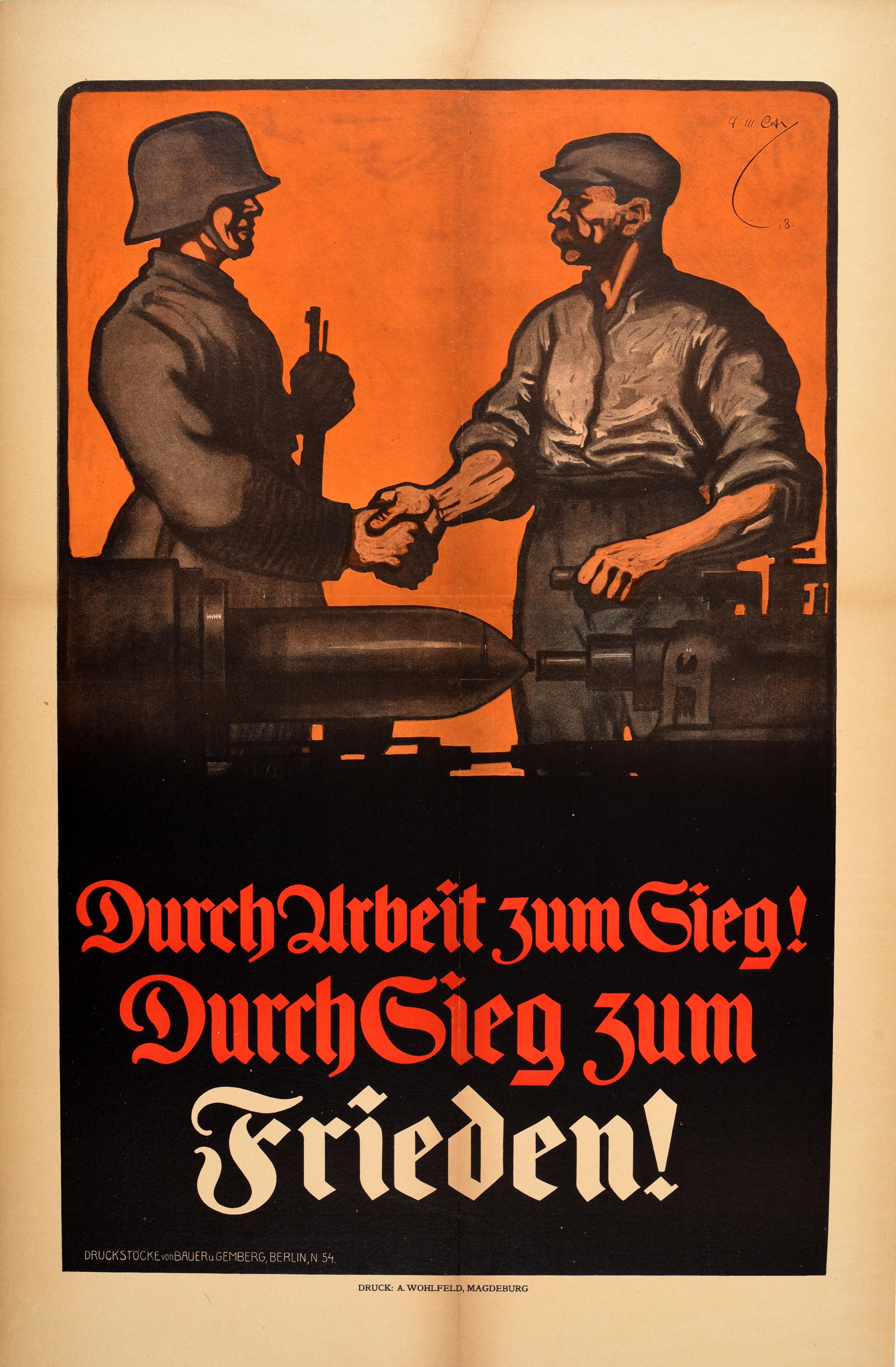 Alexander M Cay Print – Originales antikes Propagandaplakat „Einer Weltkrieg“, deutscher Sieg Arbeiter, Soldat