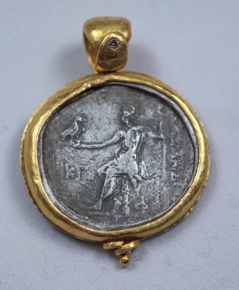 Alexander Macedonian Antique Silver Coin in 2221 Karat Gold Pendant