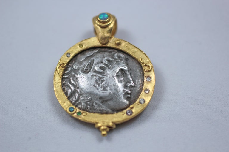 Contemporary Alexander Macedonian Antique Silver Coin in 22-21 Karat Gold Pendant Necklace For Sale