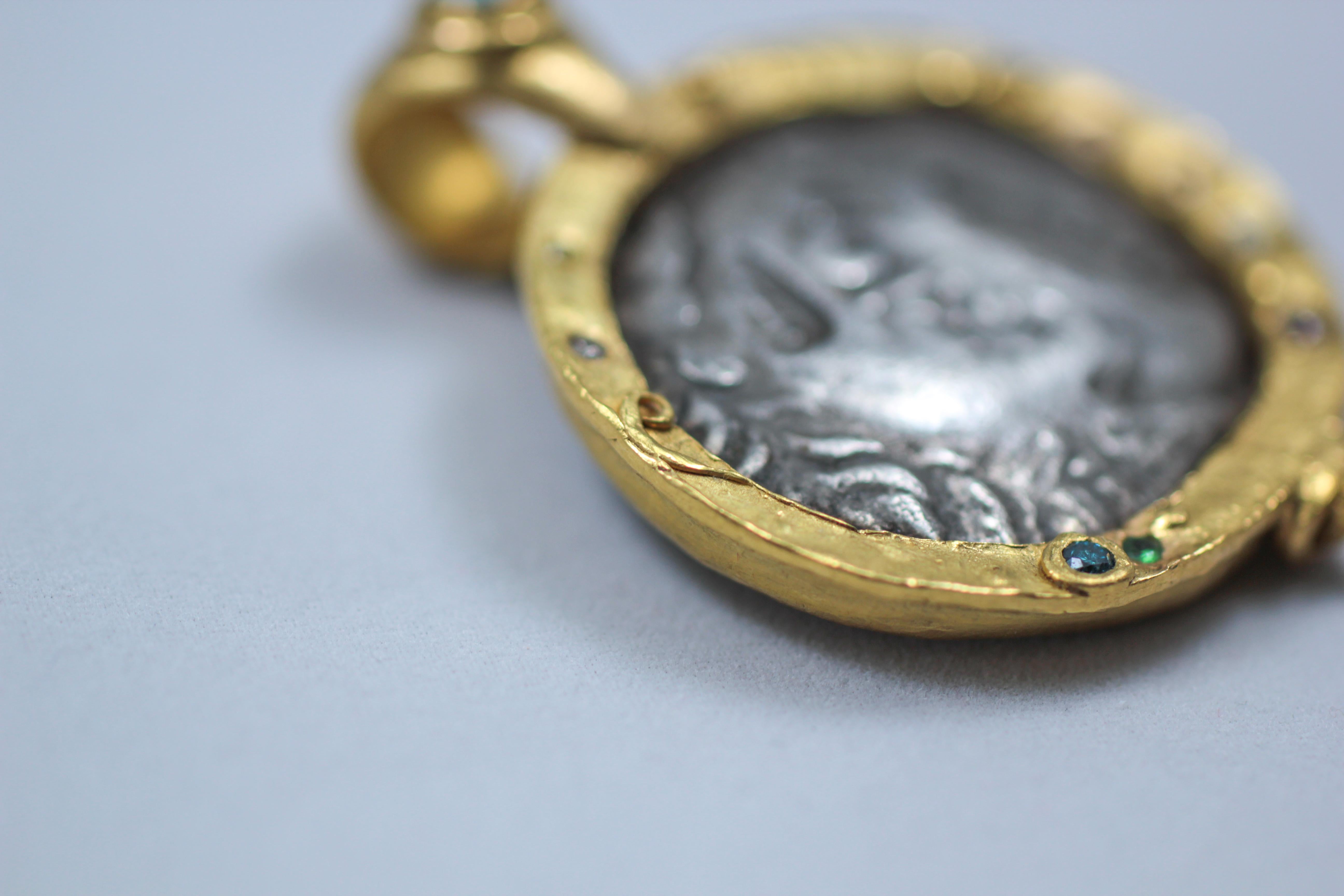 Taille mixte Collier avec pendentif en or 22-21 carats et pièce de monnaie antique en argent Alexander Macedonian en vente