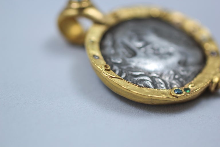 Mixed Cut Alexander Macedonian Antique Silver Coin in 22-21 Karat Gold Pendant Necklace For Sale