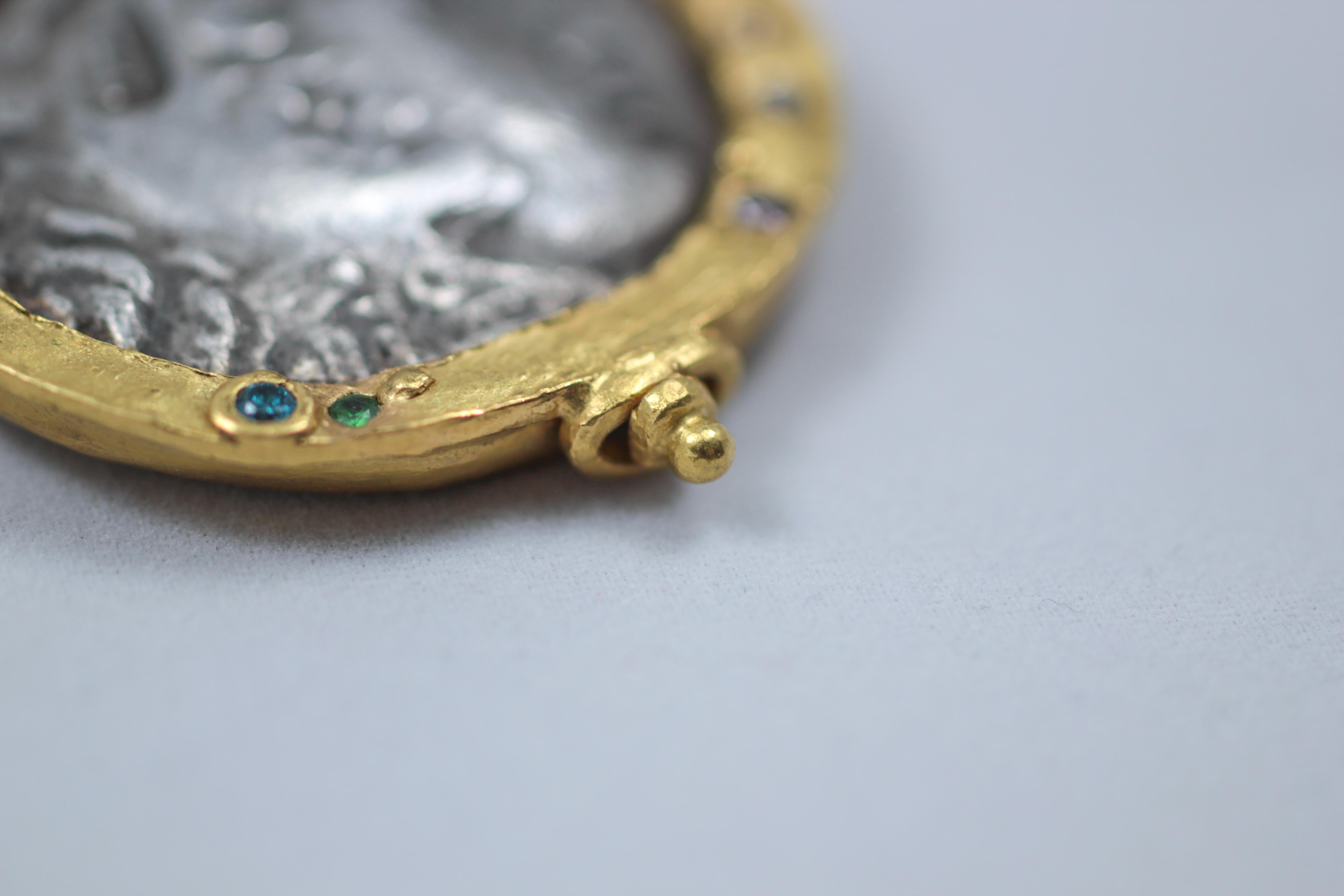 Collier avec pendentif en or 22-21 carats et pièce de monnaie antique en argent Alexander Macedonian Pour femmes en vente