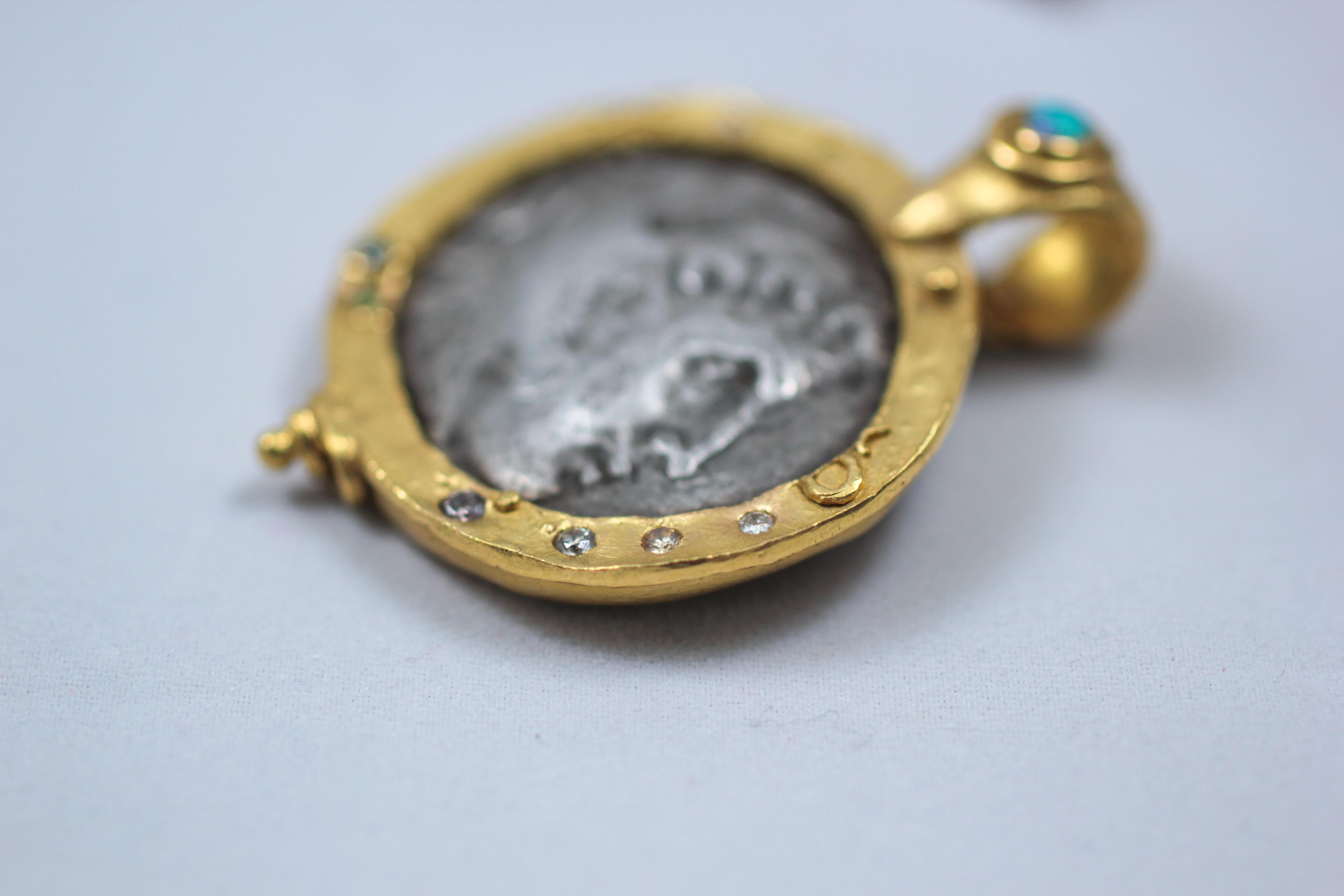 Collier avec pendentif en or 22-21 carats et pièce de monnaie antique en argent Alexander Macedonian en vente 1