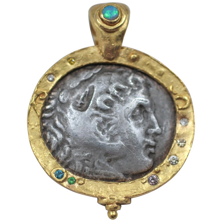 Alexander Macedonian Antique Silver Coin in 2221 Karat Gold Pendant