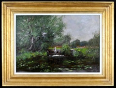 Canal Lock - Impressionist British Landscape Antique Oil on Panel Painting