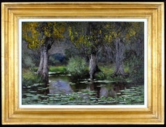 The Lily Pond - Impressionist British Landscape Antique Oil on Panel Painting