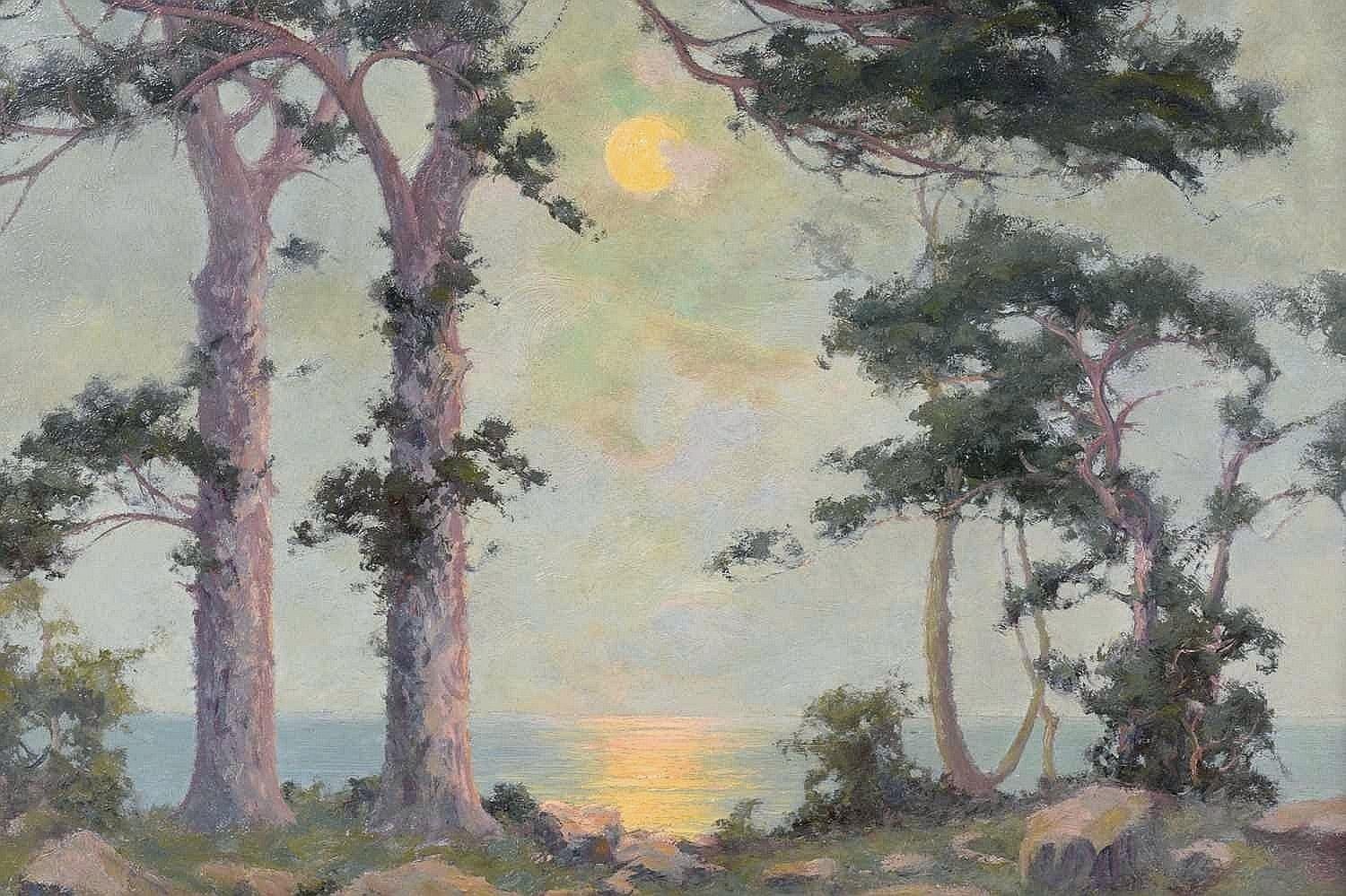 This very fine impressionist oil on panel painting by Alexander MacLean was exhibited at the Royal Academy, London in 1925.

Depicting the sun setting over a coastal landscape, the work is romantically titled 