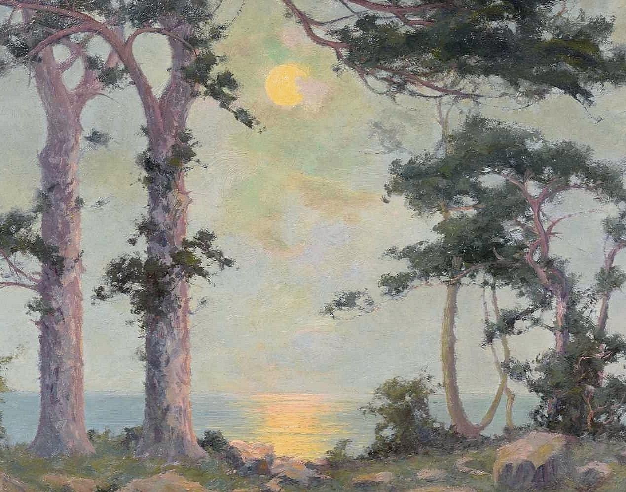 Quando la luna sorge - Pittura ad olio impressionista di un paesaggio costiero al tramonto - Painting Impressionismo di Alexander MacLean