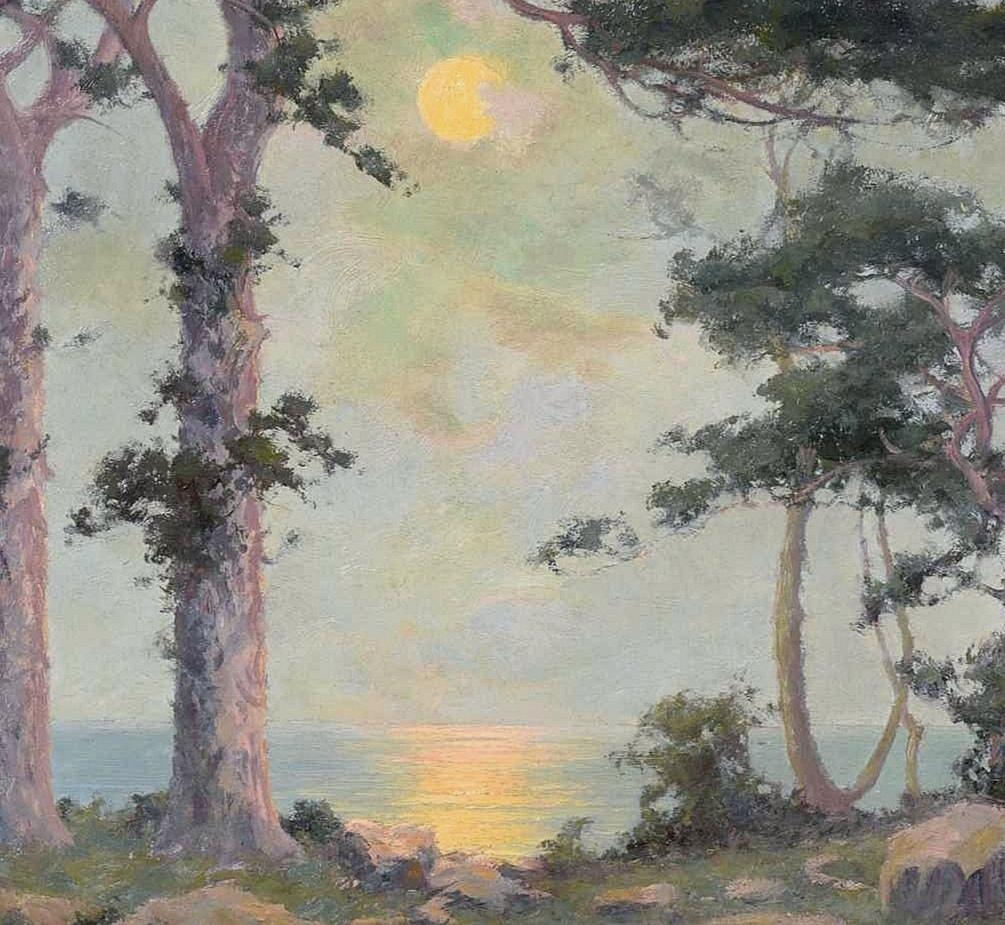 Quando la luna sorge - Pittura ad olio impressionista di un paesaggio costiero al tramonto - Landscape Painting Marrone di Alexander MacLean