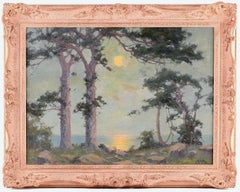 Antique When the Moon riseth - Impressionist Sunset Coastal Landscape Oil Painting
