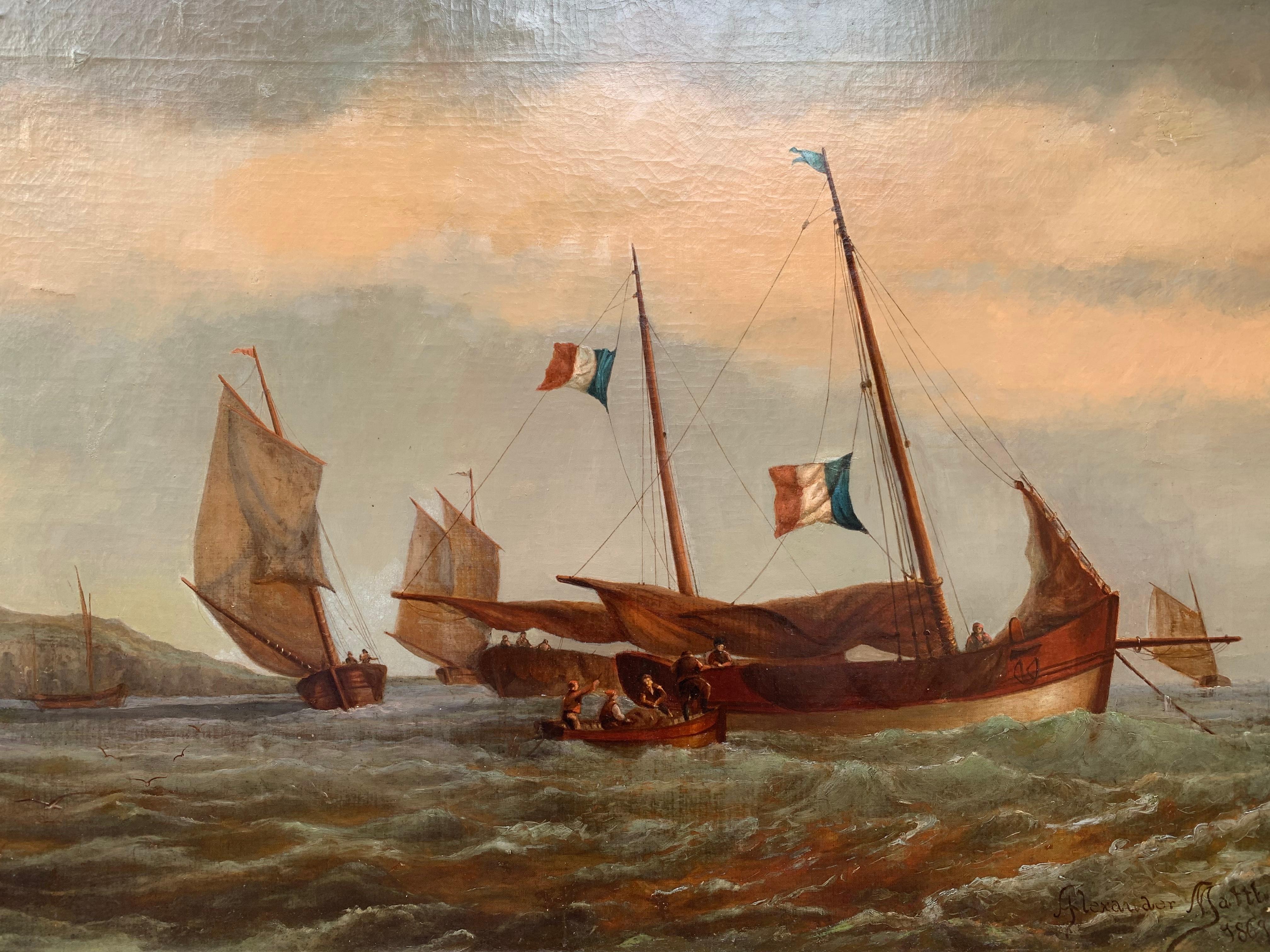 1869 Antique Dutch Large Oil Painting on Canvas by Alexander Matthews Seascape (Paysage marin) en vente 1