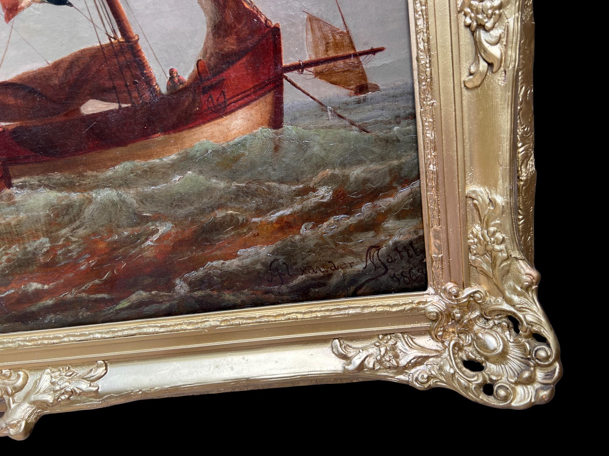 1869 Antique Dutch Large Oil Painting on Canvas by Alexander Matthews Seascape (Paysage marin) en vente 4
