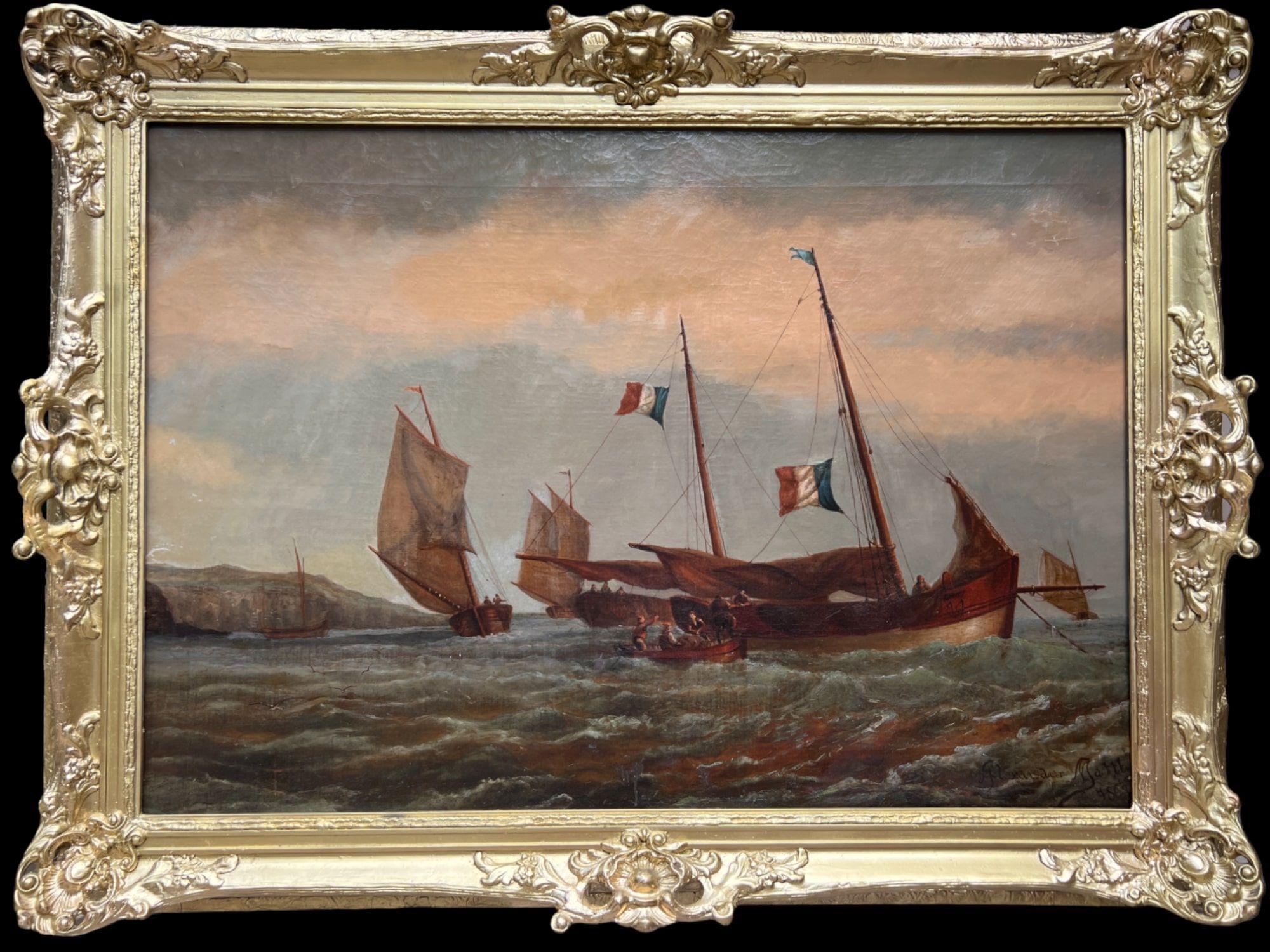 Up for sale is a phenomenal antique Dutch school original large oil painting on canvas depicting a seascape -  several sailboats on the high seas close to the coast and a boat with fishermen or sailors. 

Signed in a lower-right corner Alexander